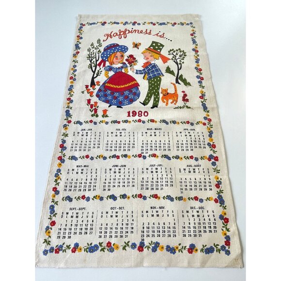 Vintage 1980 calendar tea towel, birth year dishcloth, "Happiness is..." - Picture 1 of 9